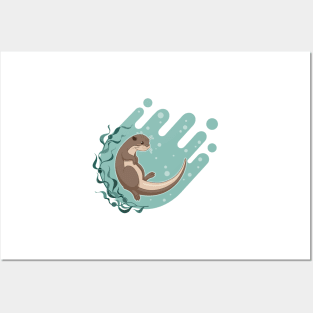 Sea otter floating on water with kelp forest vector illustration Posters and Art